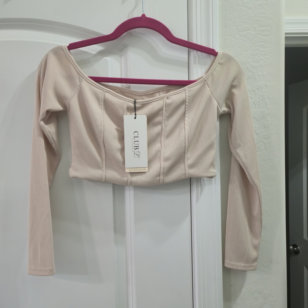 Club L London Off Shoulder Ribbed Corset Long Sleeve Crop Top Beige US 2 / XS